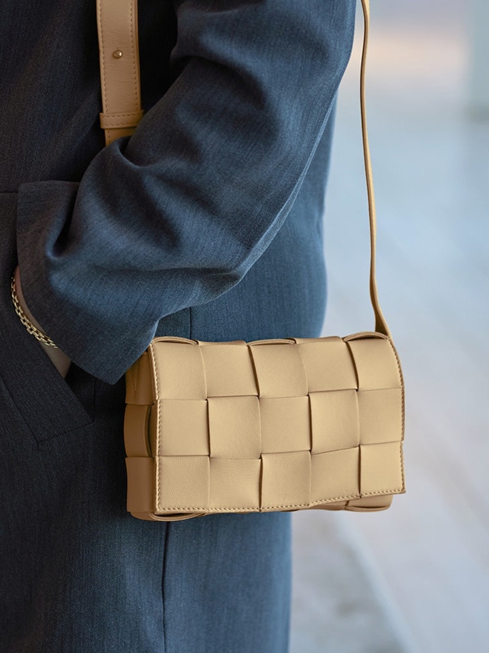 Bottega Woven Cassette Crossbody Bag in Beige